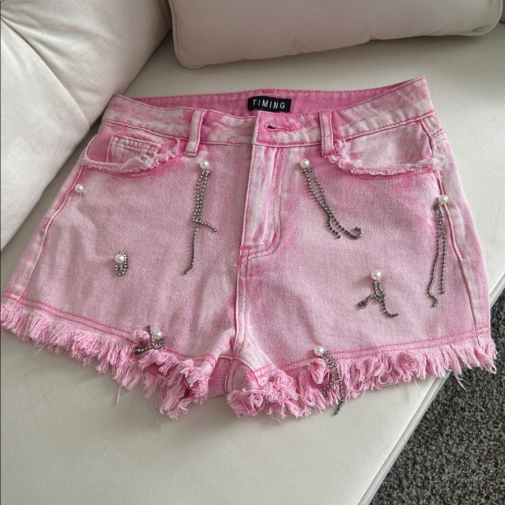 Timing Pink Distressed Jean Shorts